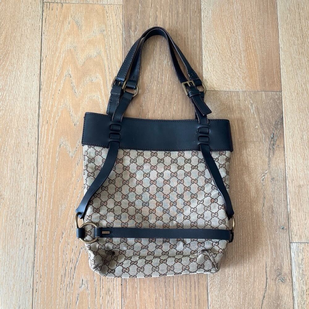 Vintage Y2K Gucci GG Canvas Abbey Tote Brown Monogram Leather Minimalist